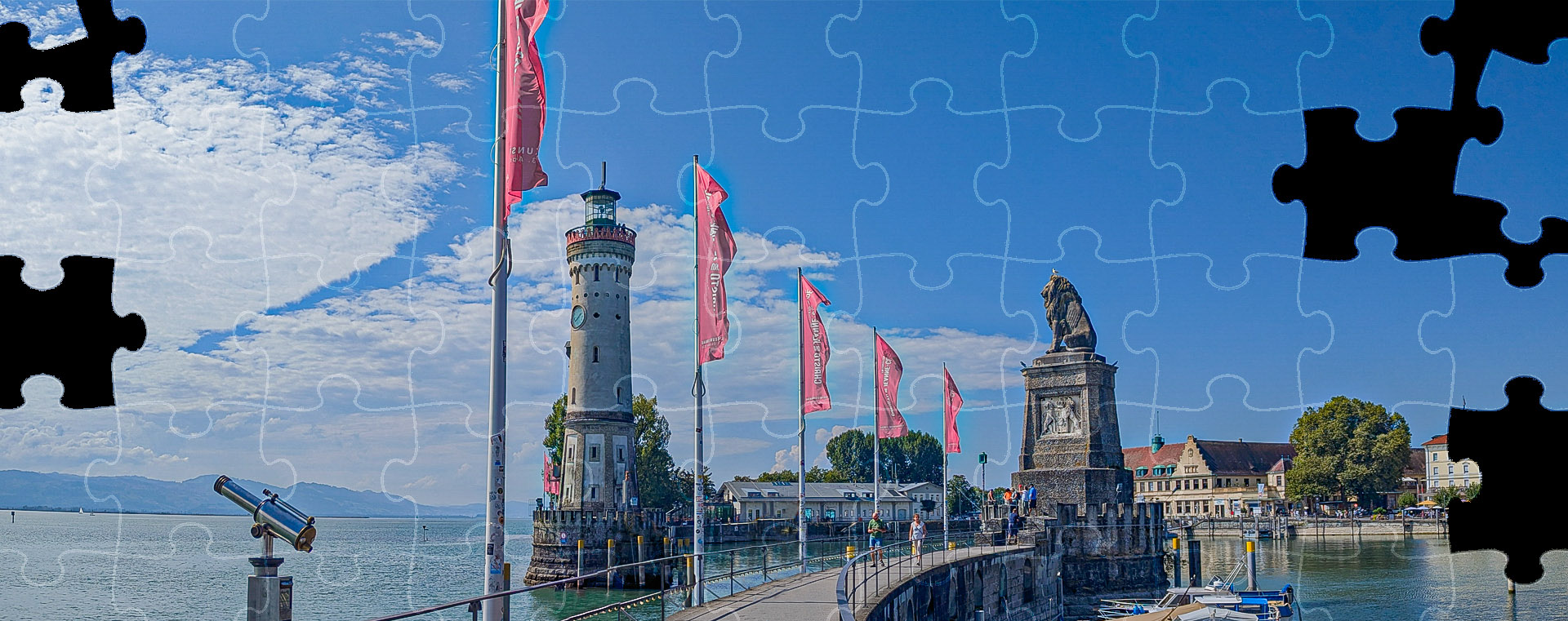 Porto di Linau con faro e leone in Germania. Foto 'puzzle' sul blog di viaggi "Nerd in Spalla: viaggiatori poco seri"