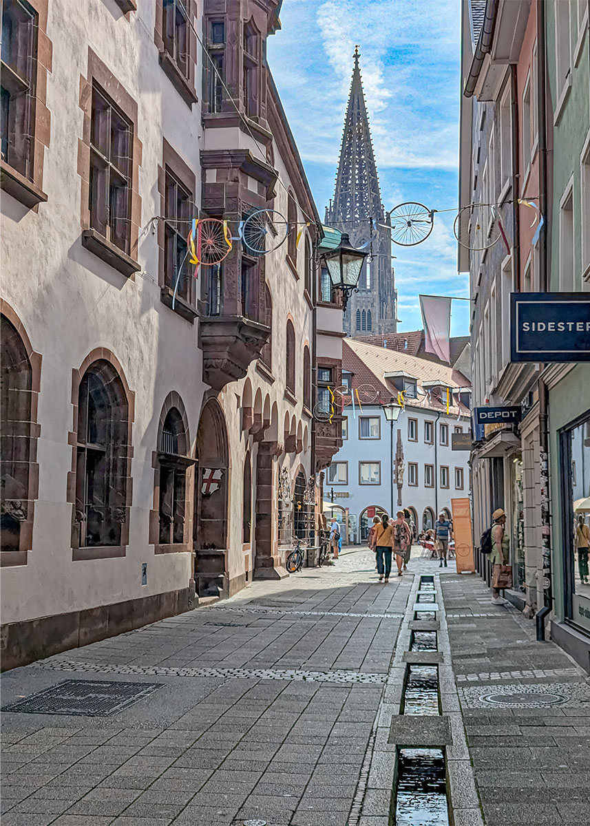Un canaletto e la cattedrale di Friburgo in Brisgovia (Germania). Foto su "Nerd in Spalla: viaggiatori poco seri".